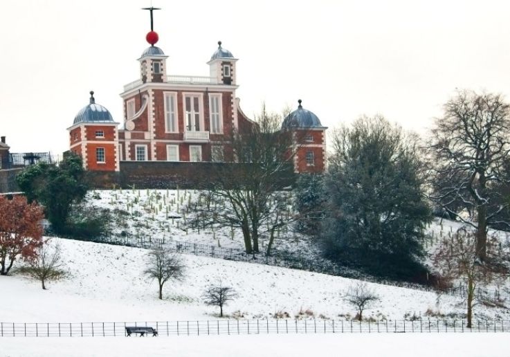 The Royal Observatory in snow-covered Greenwich Park, seen on the Boxing Day tour