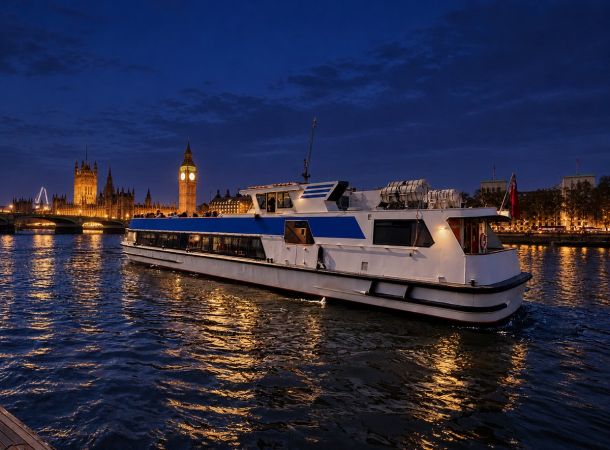 Thames cruise boat at night in front of the lit-up Big Ben and Houses of Parliament