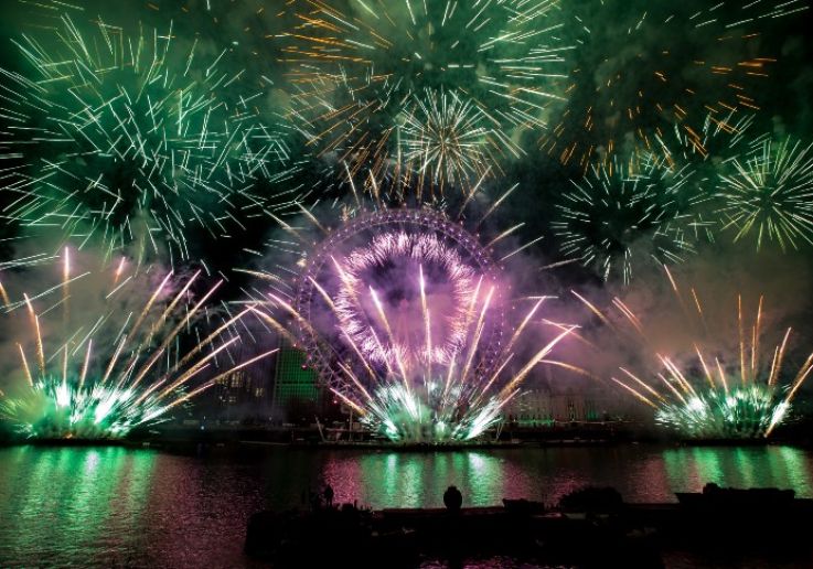 Vue des feux d’artifice du London Eye depuis County Hall